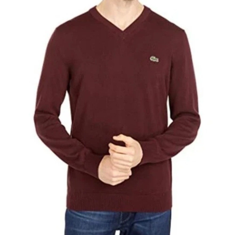 Lacoste V-Neck Sweater Mens L Burgundy Cotton Logo Pullover Preppy,Layering